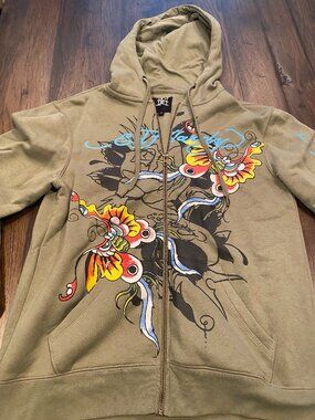 Ed Hardy zip up hoodie Size Small Olive Green